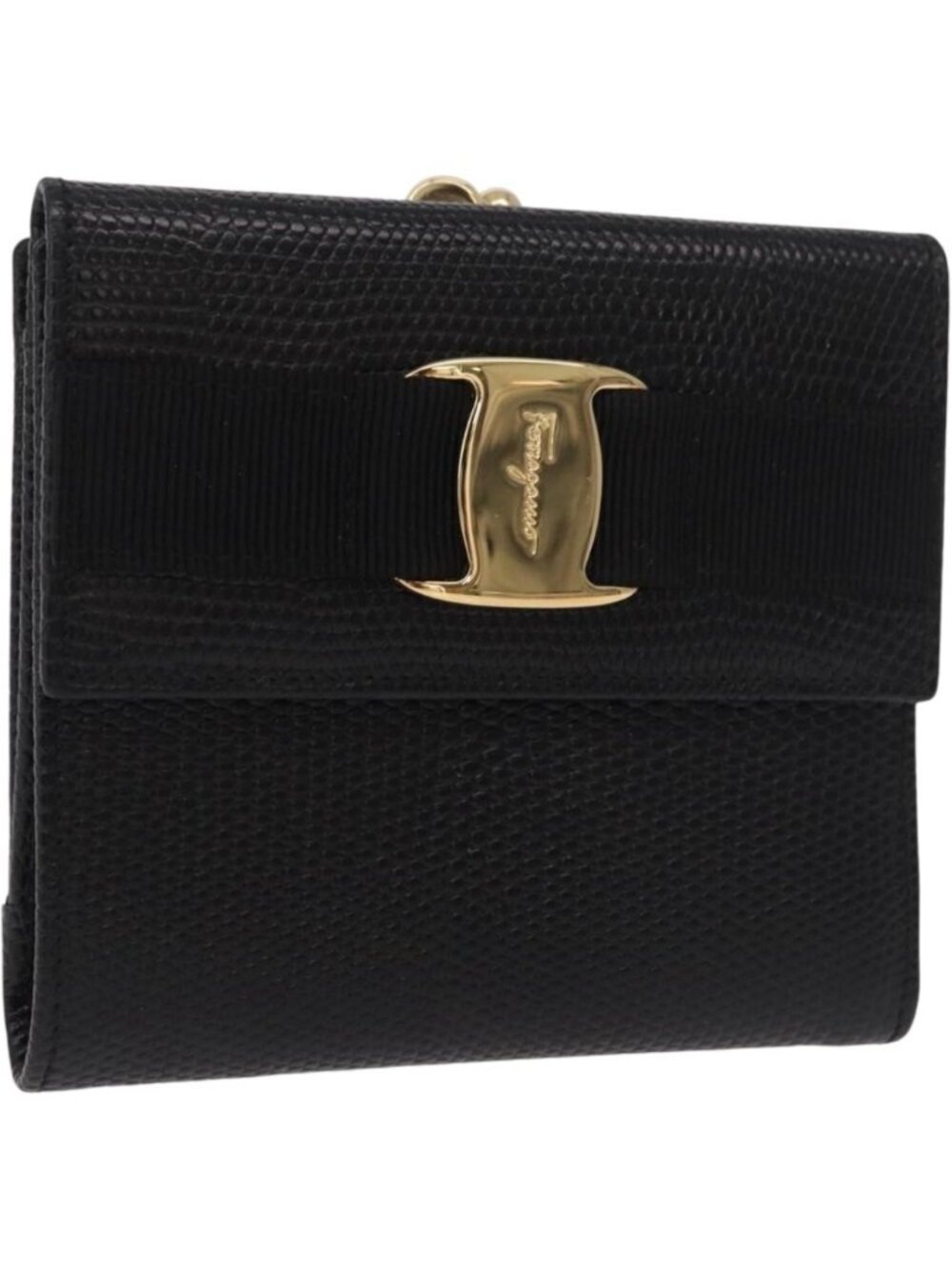 Salvatore Ferragamo Vala Long Wallet Leather Black Gold
